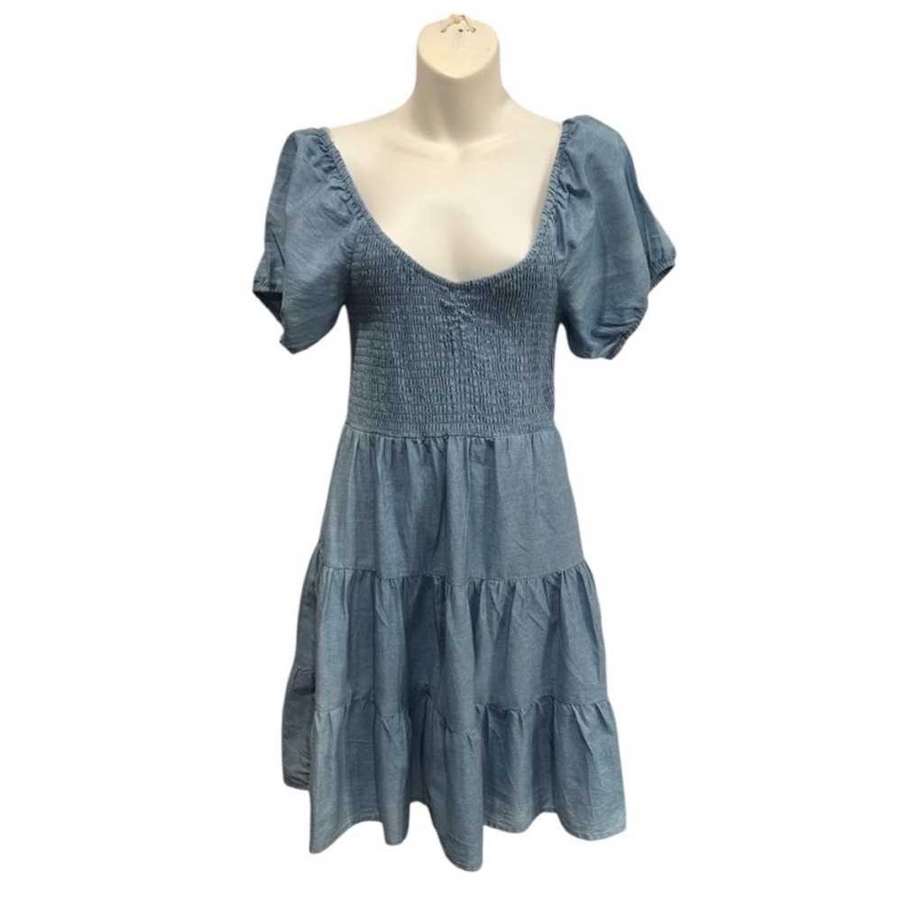 Rue 21 Women’s Blue Denim Smocked Chambray Puffed Short Sleeve Women's Dress